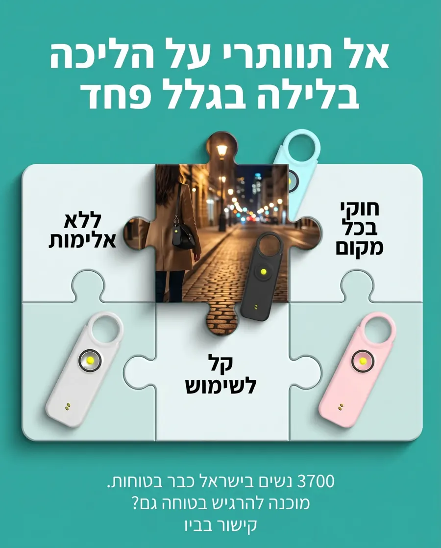 פוסט ל-SheSafe+ עם הכותרת "אל תוותרי על הליכה בלילה בגלל פחד" ומחזיקי מפתחות בצבעים שונים על פאזל
