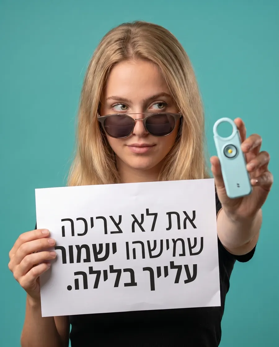 פוסט ל-SheSafe+: אישה עם משקפי שמש מחזיקה שלט "את לא צריכה שמישהו ישמור עלייך בלילה" ואת המוצר