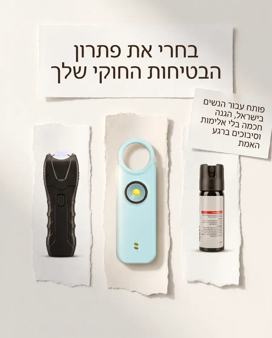 פוסט ל-SheSafe+: המוצר בין טייזר לספריי פלפל, עם הכותרת "בחרי את פתרון הבטיחות החוקי שלך"